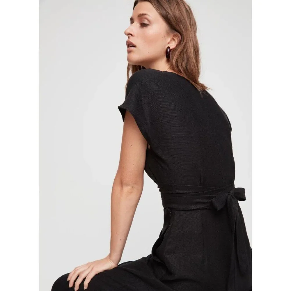 Aritzia WILFRED Brax Black Linen Lyocell Cut-Out Wrap Wide Leg Jumpsuit, Size 6 - Picture 5 of 13